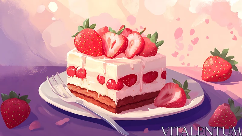 Multi-layered strawberry cake with cream icing and fresh berry garnish. Dreamlike composition.