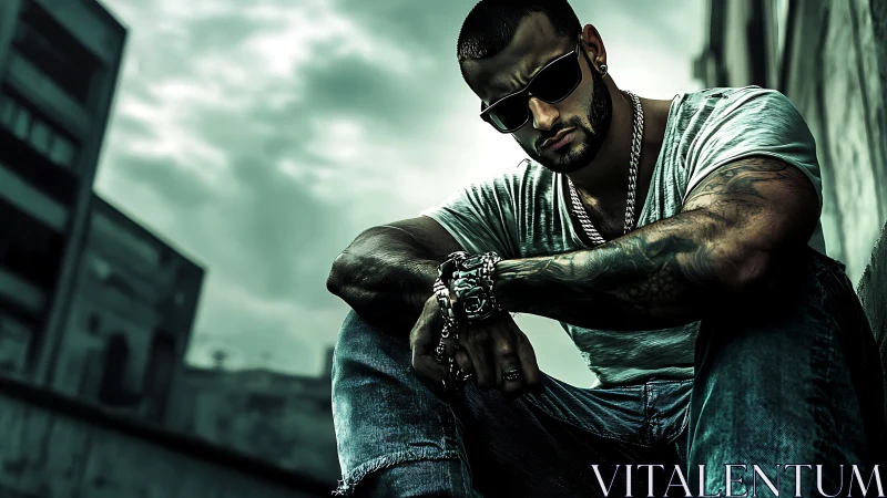 Brooding tattooed man sits in gritty urban rooftop haze