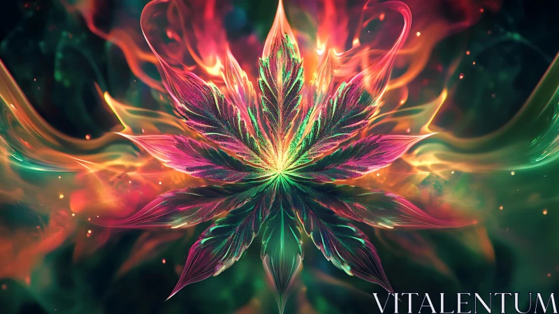 Neon cannabis leaf glows against abstract swirling flames