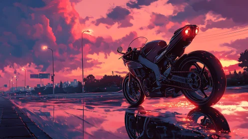 Sportbike waits on a rain-soaked highway at neon sunset glow