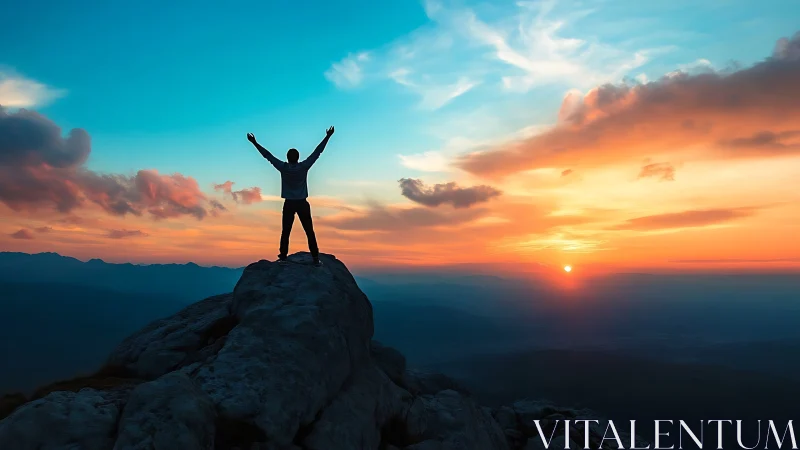 Silhouetted climber stands on jagged summit against high dynamic range sunset