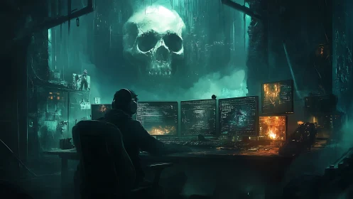 Cyberpunk hacker at dark workstation under neon skull.