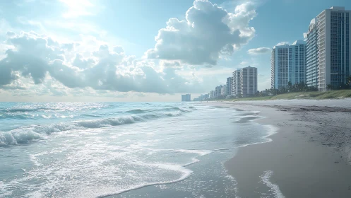 Sunlit shoreline meets modern high-rise cityscape skyline.