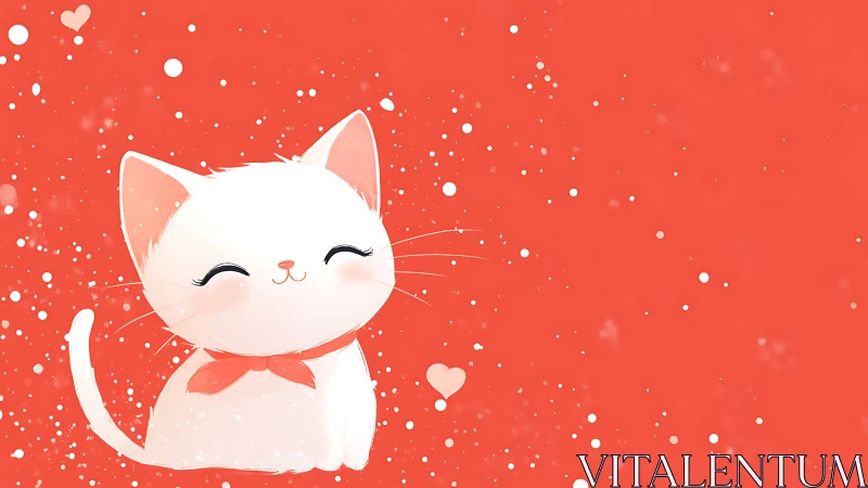 Cute White Cat with Hearts on Vibrant Red Background