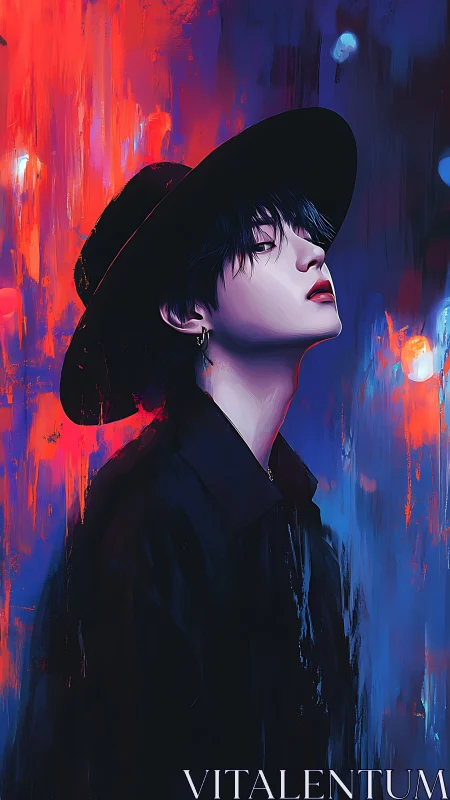 Solitary figure in neon dusk hues embraces quiet intensity.