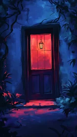 Nocturnal doorway with red interior glow and hanging lantern