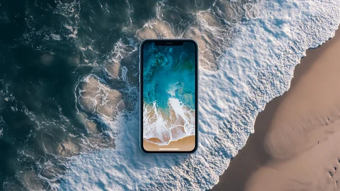 Ocean waves blend with a smartphone in a dreamy vision.