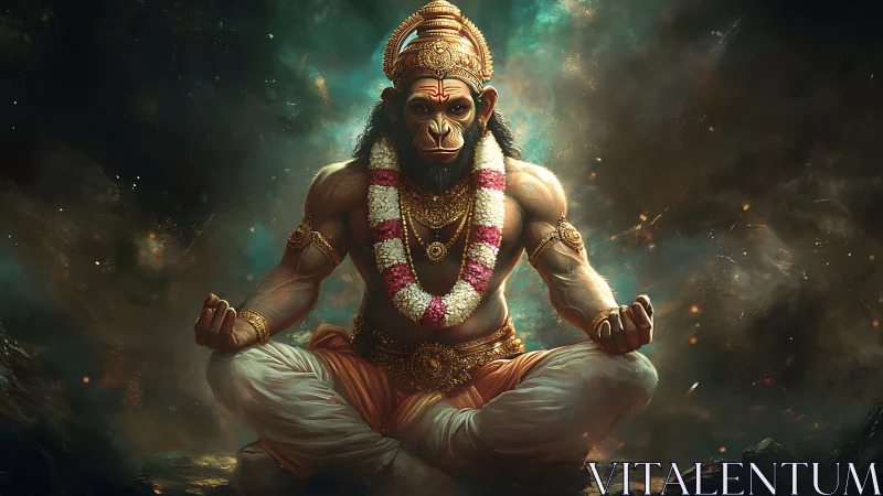 Meditating monkey-faced deity in stormlit cosmic stillness.