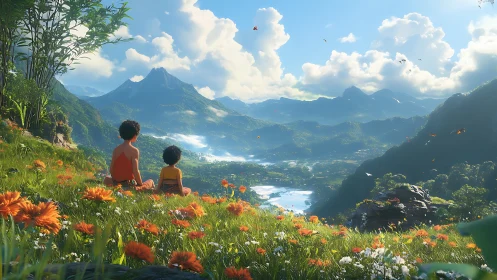 Children sitting on flowered hillside facing distant mountains.