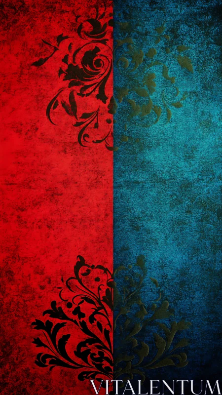 Velvet duel of red and teal with entwined baroque flourishes.