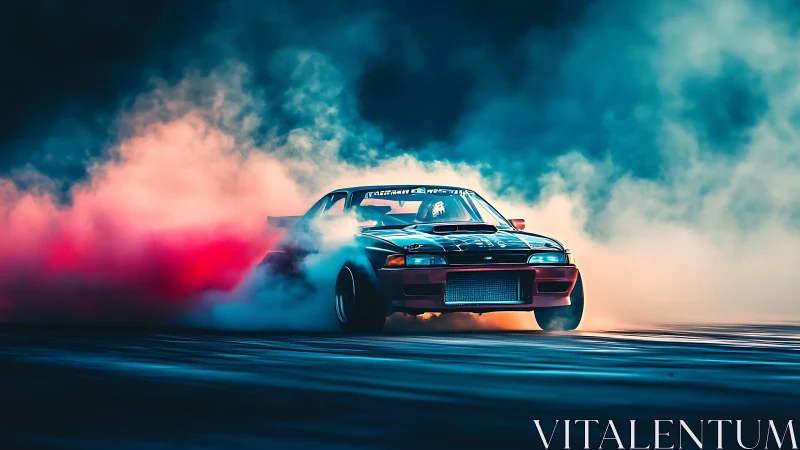 Street drift car slides through colored smoke on dark track