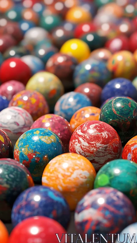Multiple marbled spheres occupy a shallow depth of field view