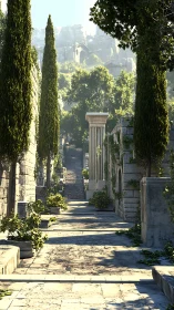 Sunlit stone walkway through quiet ancient garden ruins.