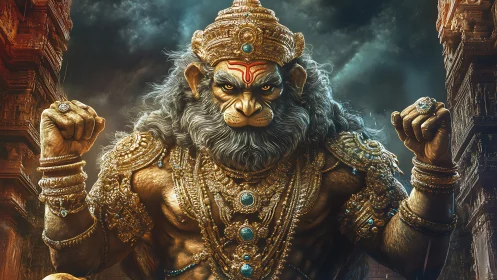 Mythic lion deity towers in jeweled golden armor.