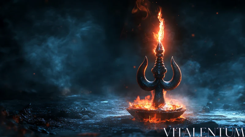 Sacred trident of fire glowing in a storm of blue mist.