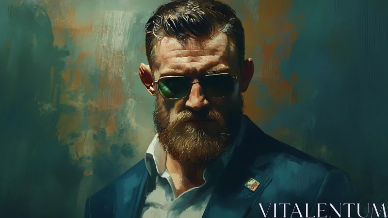 Bearded man in teal suit under cinematic painted light.