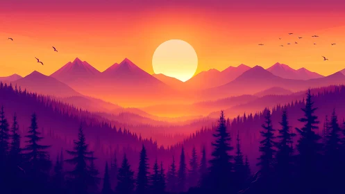Crimson dusk mountains cradle a glowing sunlit dreamscape.