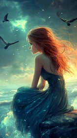 Red haired girl contemplates the sea beneath a stormy sky