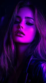 Neon-lit gaze slices through ultraviolet shadows and silence