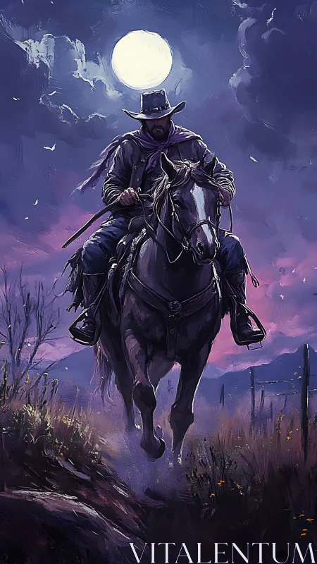 Lone cowboy rides under full moonlit frontier sky.