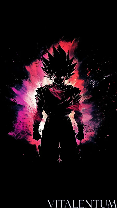 Silhouetted spiky haired fighter stands before radial color burst