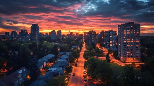 Urban residential avenue extends toward distant high-rises at dusk