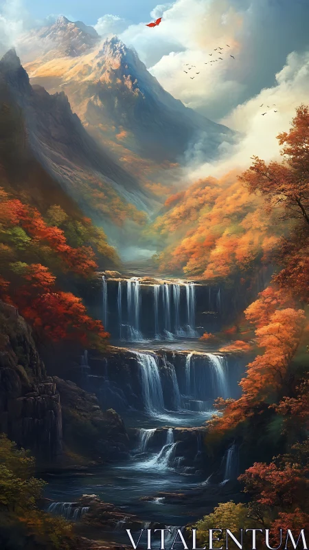 Tiered mountain waterfall in autumnal valley with misty peaks