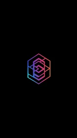 Neon gradient hexagon logo with nested geometric pathways.