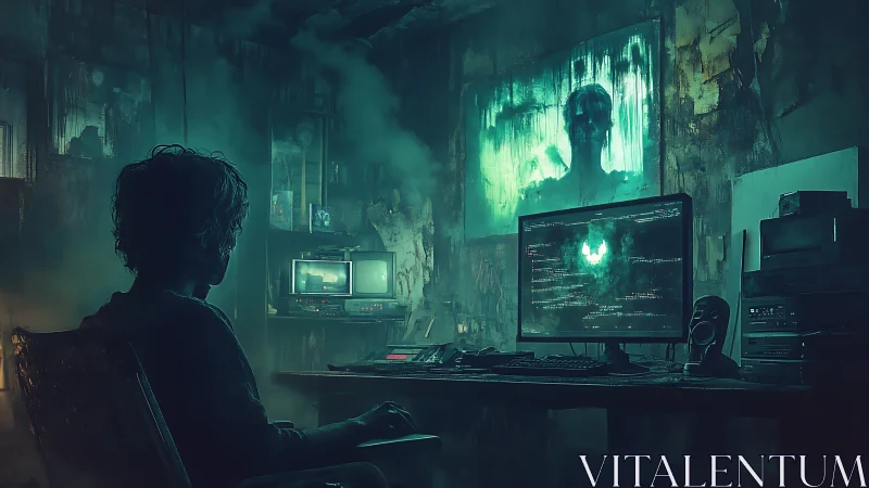 Hacker in dark room facing eerie digital ghost screen.