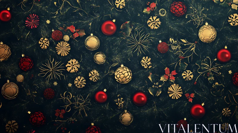 Festive red and gold Christmas baubles scatter across pine boughs.