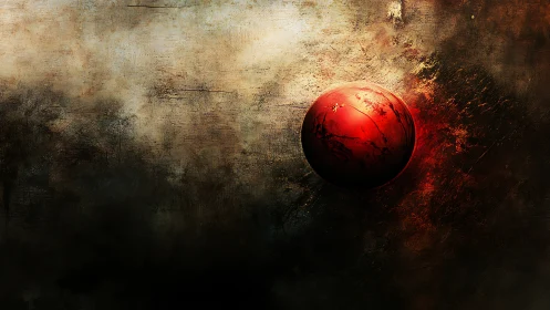 Red sphere impacts textured grunge wall with radial light dispersion