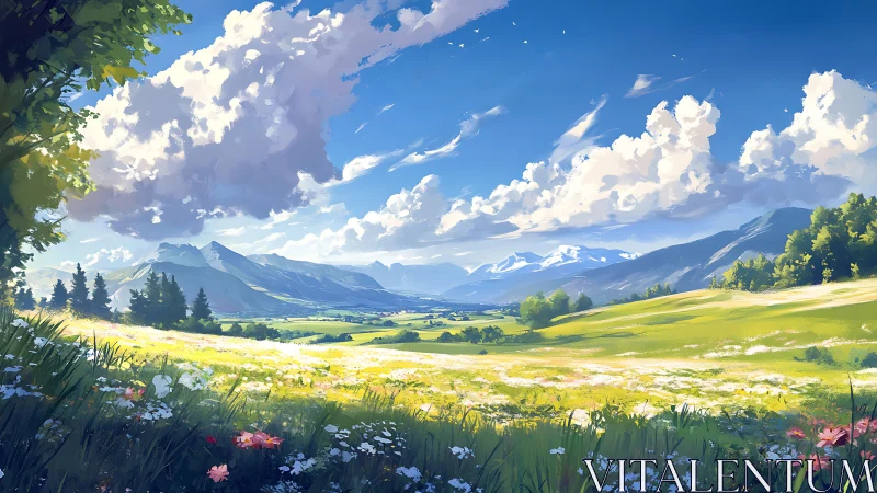 Luminous alpine valley meadow under cumulus cloud architecture