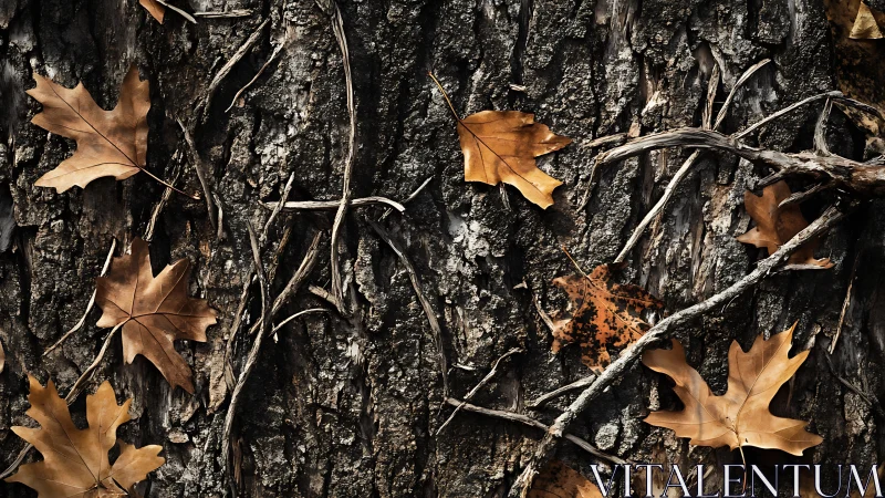 Dry oak leaves scattered on dark textured tree bark surface.