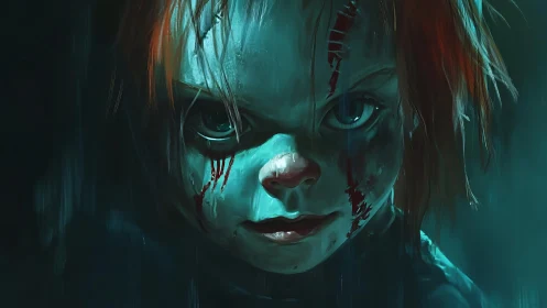 Sinister toy child studies you through cold teal shadows