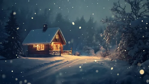 Snowy forest cabin glows with warm winter night lights.