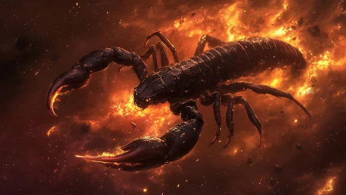 Scorpion-like form is rendered within a fiery space field
