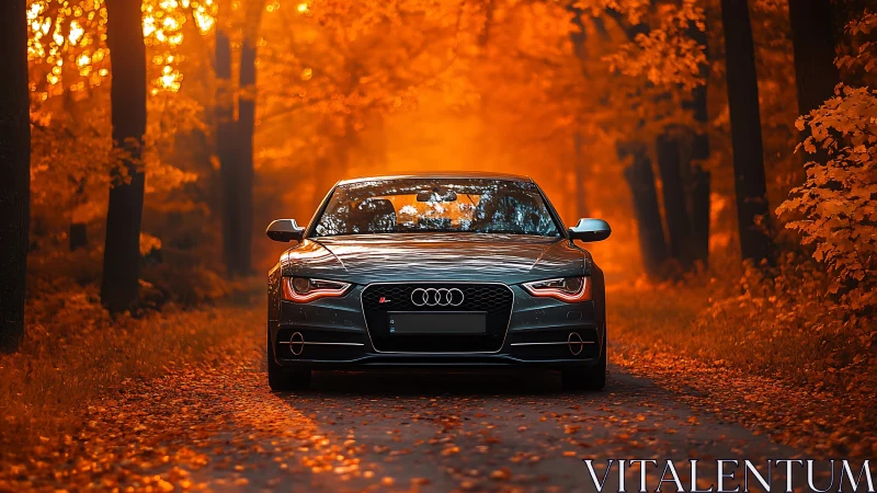 Audi sports coupe on forest road in vivid autumn light.