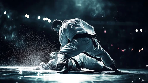 Dynamic low-angle jiu-jitsu takedown under dramatic lighting