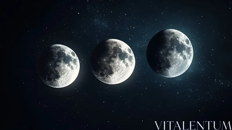 Triple lunar phases align in a star-filled cosmic panorama.
