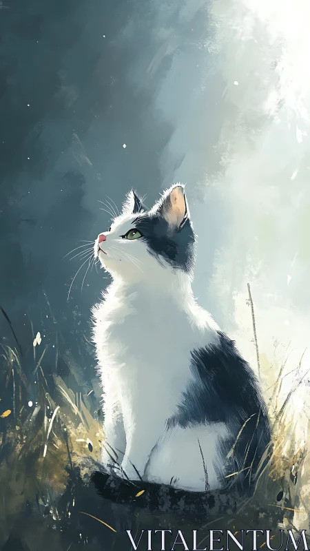 Black and White Cat Gazing Upward in Misty Field