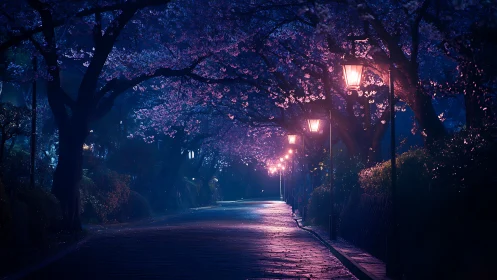 Night path under cherry blossoms with glowing street lamps.