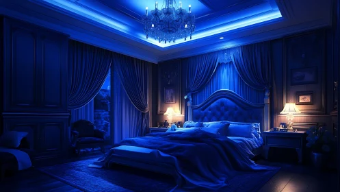 Nocturnal blue-lit neoclassical bedroom with layered luminance.