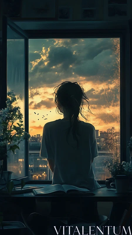 Pensive woman watches a stormlit sunset beyond her window