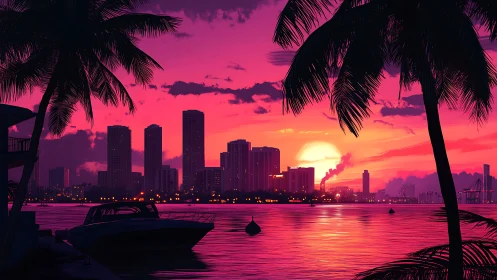 Neon tropical city skyline glows under vivid harbor sunset