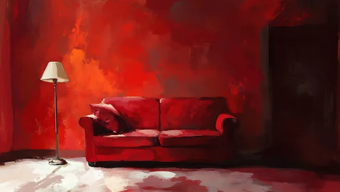 Red sofa and floor lamp in minimal painted interior.