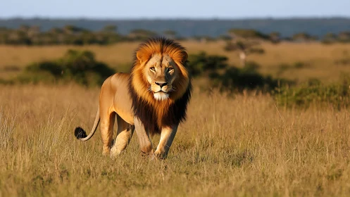 Golden-maned lion strides through sunlit African savanna.