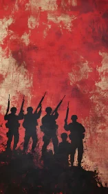 Silhouetted soldiers advance against distressed crimson sky.