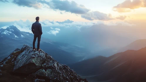 Solitary observer on alpine ridge under stratified sunset atmosphere.