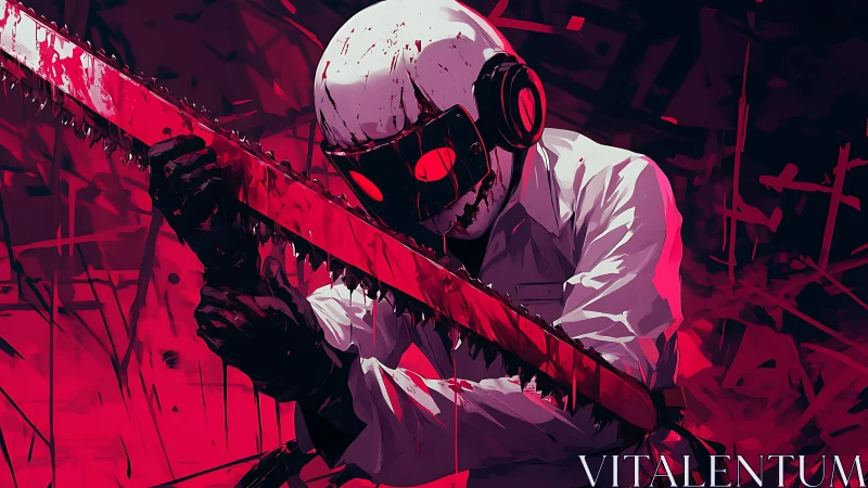 Masked figure with bloody chainsaw in harsh neon red scene.