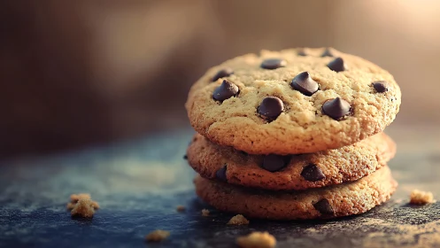 Golden cookie tower crowned with glossy chocolate sparks.